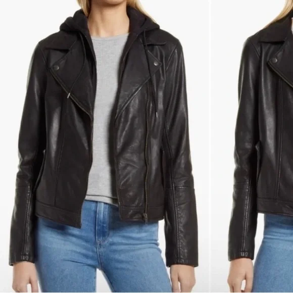 Caslon Black Leather Moto Jacket Women Large Removable Hood - Picture 3 of 16